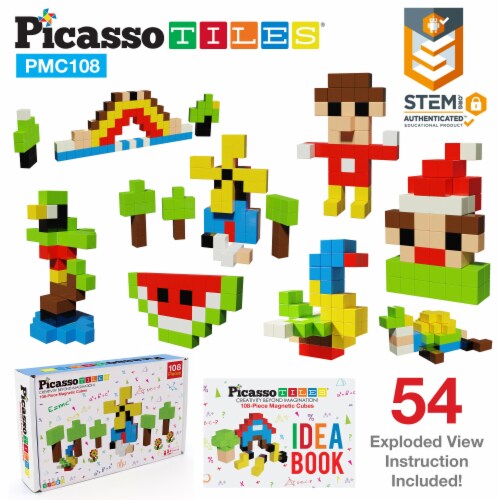 PicassoTiles Magnetic Puzzle Cubes 108 Pieces PMC108 with FREE Ideabook Perspective: front