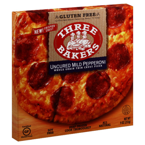 Three Bakers Uncured Mild Pepperoni Whole Grain Thin Crust Pizza Perspective: front