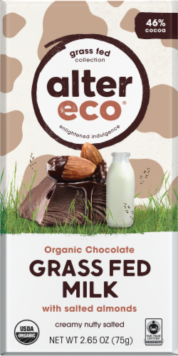 Alter Eco Organic Grass Fed Milk Chocolate & Salted Almonds Chocolate Bar Perspective: front