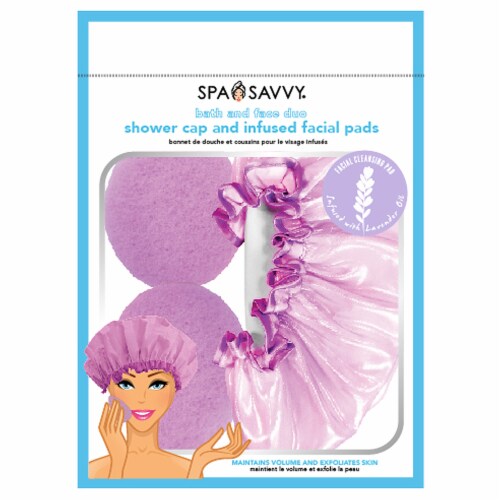 Spa Savvy Bath and Face Duo Shower Cap and Lavender Infused Facial Pads Kit Perspective: front