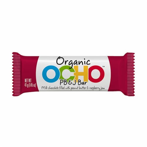 OCHO™ Organic Milk Chocolate Filled with Peanut Butter & Raspberry Jam Candy Bar Perspective: front