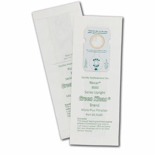 Green Klean GK-Ric80 Riccar 8000 Series Upright Model Type B Replacement Vacuum Bags - 10 per Perspective: front