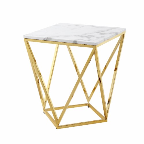 White Marble Top Accent Table With Triangluar Gold Iron Base