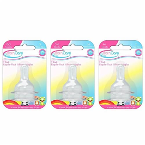 BornCare BCWS-166-3 6 Months Plus, Regular Neck Silicone Nipple - 2 Pack Perspective: front