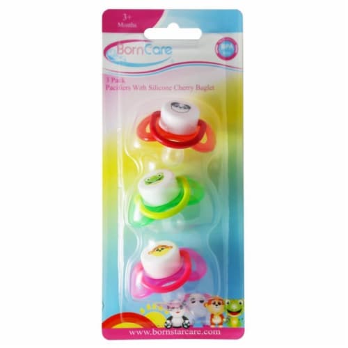 BornCare BCWS-120 3 Months Plus, Pacifier Printed with Silicone Cherry Baglet - 3 Pack Perspective: front