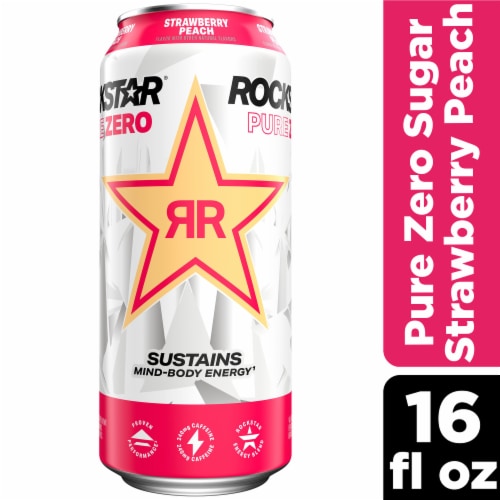 Rockstar Pure Zero Sugar Free Strawberry Peach Energy Drink Perspective: front