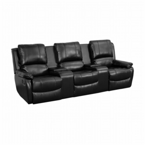 Black Leather Pillowtop 3-Seat Home Theater Recliner with Storage Consoles [BT-70295-3-BK-GG] Perspective: front