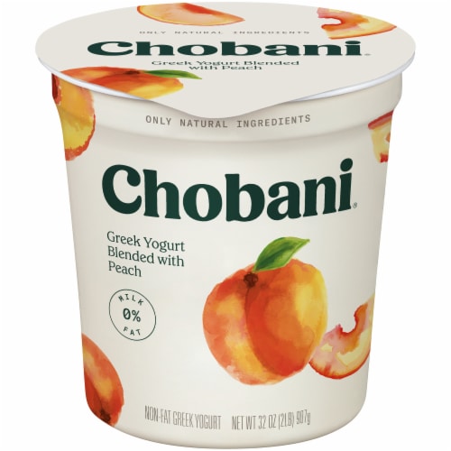 Chobani Non-Fat Peach Blended Greek Yogurt Perspective: front