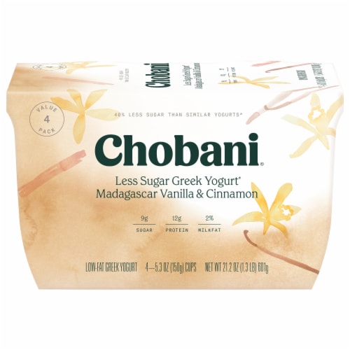 Chobani Less Sugar Low-Fat Madagascar Vanilla Cinnamon Greek Yogurt 5.3oz 4ct Perspective: front