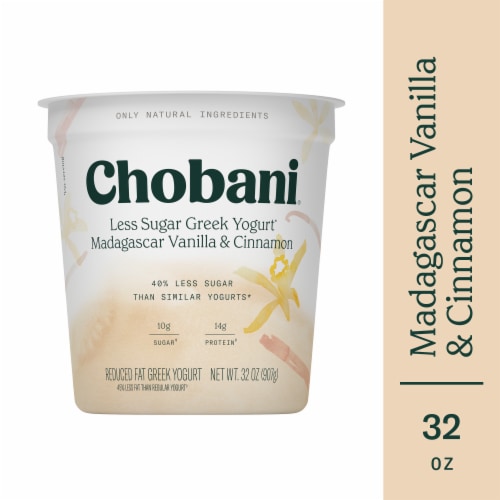 Chobani® Madagascar Vanilla & Cinnamon Less Sugar Low Fat Greek Yogurt Tub Perspective: front