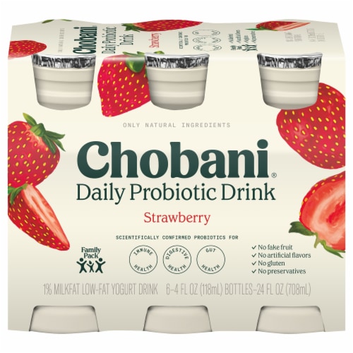 Chobani® Low-Fat Daily Probiotic Strawberry Greek Yogurt Drinks Perspective: front