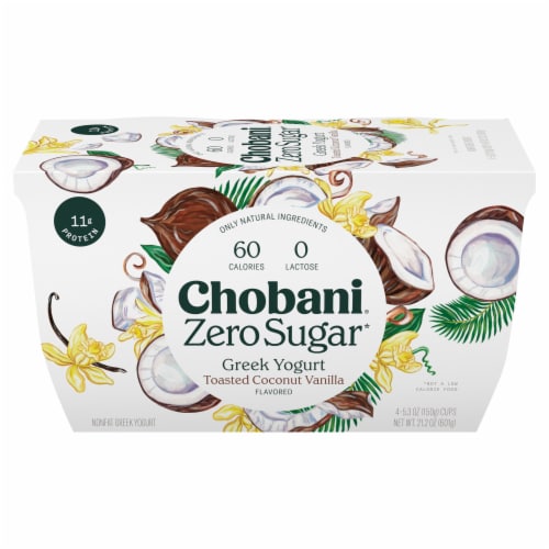 Chobani Zero Sugar Toasted Coconut Vanilla Greek Yogurt Perspective: front