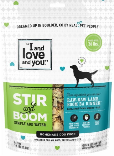 I and Love and You  Stir and Boom Homemade Dog Food   Raw-Raw Lamb Boom Ba Perspective: front