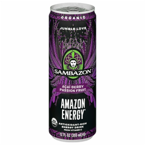 Sambazon Amazon Energy® Jungle Love Acai Berry Passion Fruit Energy Drink Can Perspective: front