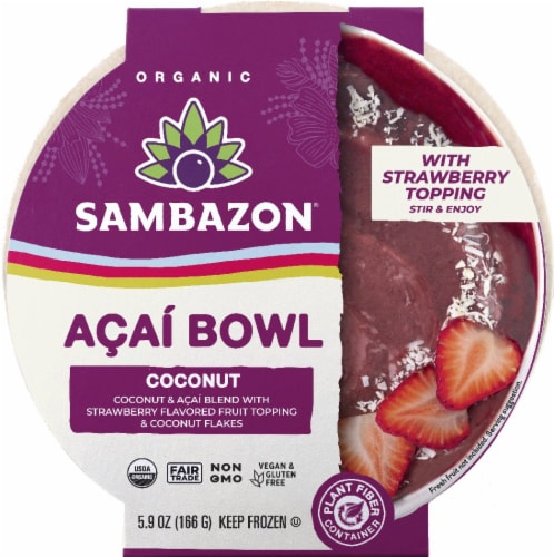 Sambazon® Organic Acai Bowl Strawberry Flavored Fruit Core With Coconut Flakes Topping Perspective: front