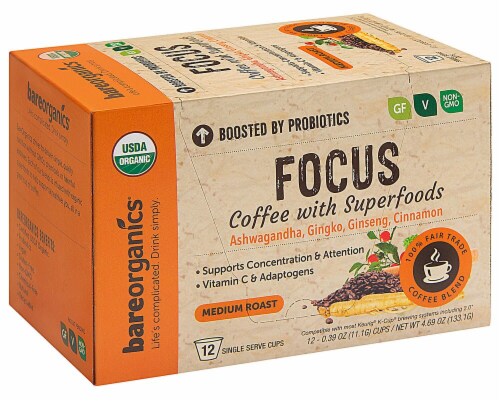 BareOrganics® Focus Coffee with Superfoods Medium Roast Single Serve Cups Perspective: front