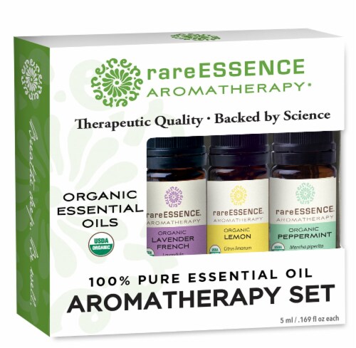 Rare Essence Aromatherapy® Organic Essential Oil Trio Perspective: front