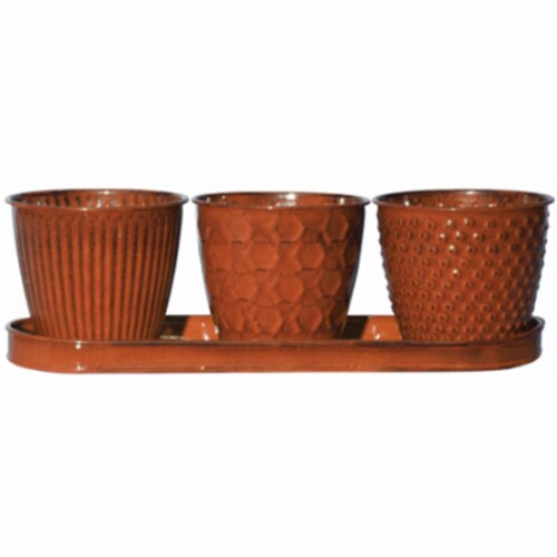 Set of 3 Red Metal Garden Planters with Tray