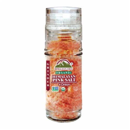 Himalayan Chef ORG-GR-5103 3.53 oz Onion & Crushed Pepper Pink Salt Glass Grinder Perspective: front
