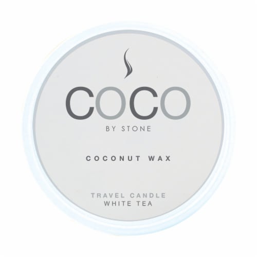 COCO by Stone White Tea Coconut Wax Candle Travel Tin Perspective: front