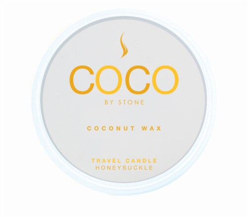COCO by Stone Honeysuckle Coconut Wax Candle Travel Tin Perspective: front
