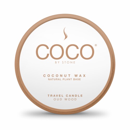 COCO® by Stone Coconut Wax Travel Tin Candle - Oud Wood Perspective: front