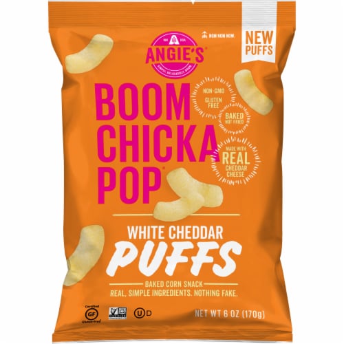 Angie's BOOMCHICKAPOP White Cheddar Baked Corn Puff Snacks Perspective: front