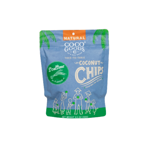 CocoGoods Co Natural Toasted Coconut Chips Scallions 3.5 oz, Zip lock Bag Perspective: front