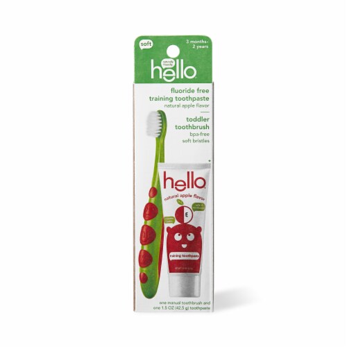 hello Toddler Training Toothpaste with Natural Apple Flavor + Kids Toothbrush Vegan SLS BPA Free Perspective: front