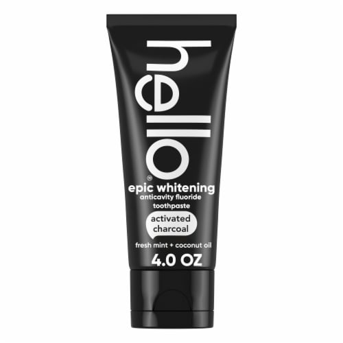hello Activated Charcoal Whitening Fluoride Toothpaste Fresh Mint + Coconut Oil Vegan & SLS Free Perspective: front