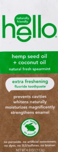 Hello Natural Fresh Spearmint Hemp Seed Oil + Coconut Oil Extra Freshening Fluoride Toothpaste Perspective: front