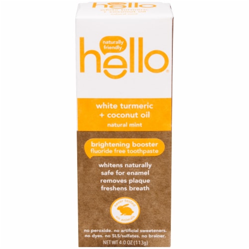 Hello Natural Mint White Turmeric + Coconut Oil Fluoride Free Toothpaste Perspective: front