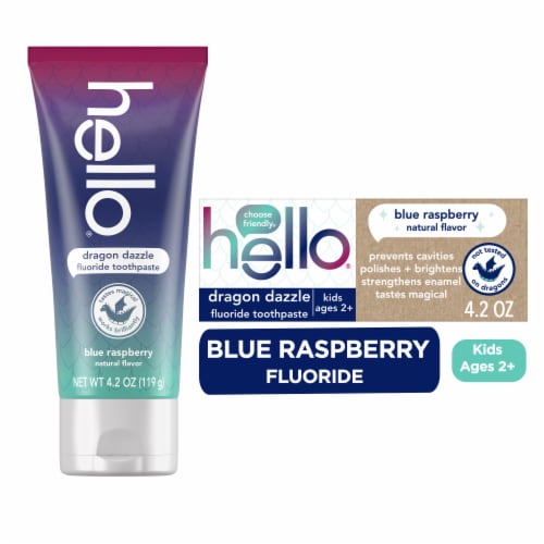 hello Dragon Dazzle Kids Toothpaste with Fluoride Blue Raspberry Toothpaste Perspective: front