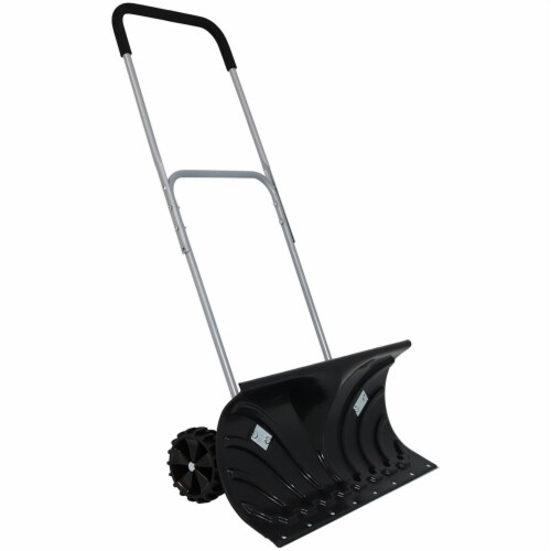CASL Brands 26 in Aluminum and Polypropylene Adjustable Rolling Snow Pusher Perspective: front