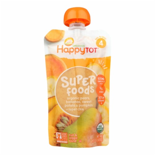 Happy Tot Organic Super Foods Pears Bananas Sweet Potato & Pumpkin Toddler Food Pouch Perspective: front