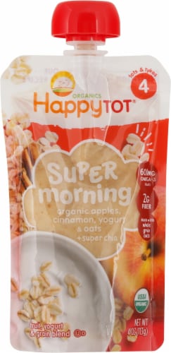 Happy Tot Stage 4 Organic Apples Cinnamon Yogurt & Oats + Super Chia Pouch Perspective: front