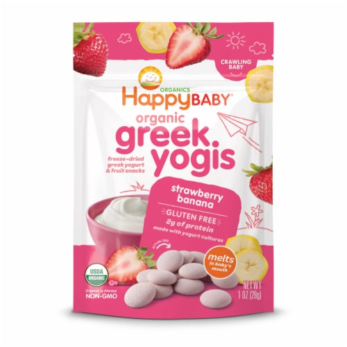 Happy Baby Organic Greek Yogis Freeze-Dried Greek Yogurt & Fruit Snacks Strawberry Banana Bag Perspective: front