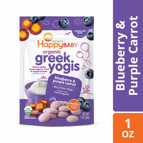Happy Baby Organic Greek Yogis Fruit & Veggie Snacks Blueberry & Purple Carrot Bag Perspective: front