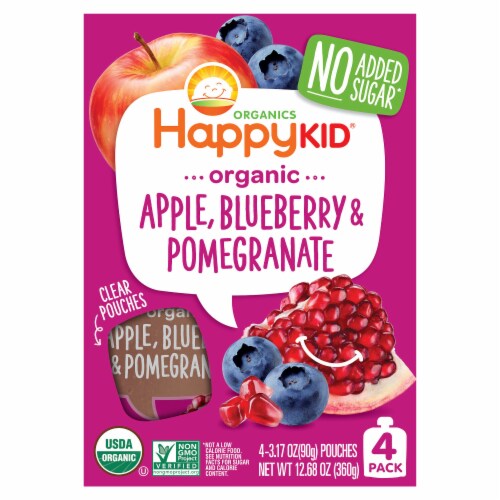 Happy Kid Organic Apple Blueberry & Pomegranate Blended Fruit Snack 4 Count Perspective: front
