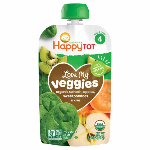 Happy Tot Organics Love My Veggies Spinach Apples Sweet Potatoes & Kiwi Stage 4 Veggie & Fruit Blend Perspective: front