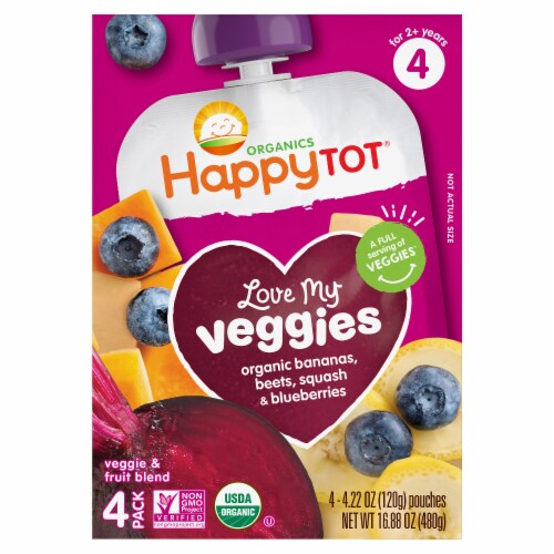 Happy Tot Love My Veggies Stage 4 Organic Bananas, Beets, Squash & Blueberries Pouch Perspective: front