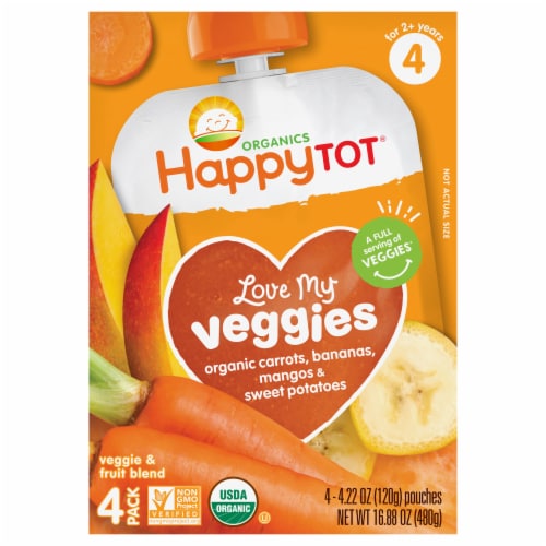 Happy Tot Organics®  Love My Veggies Organic Carrots, Bananas, Mangos & Sweet Potatoes 4pk Pouch Perspective: front
