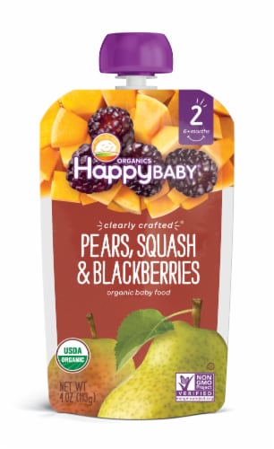 Happy Baby® Organics Clearly Crafted Pears Squash & Blackberries Stage 2 Baby Food Pouch Perspective: front