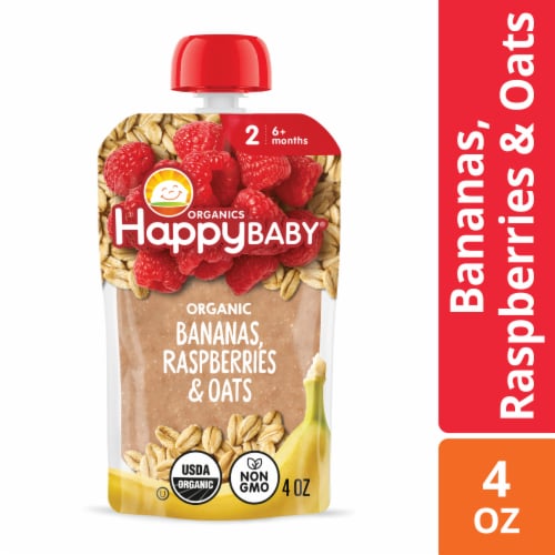 Happy Baby Clearly Crafted Stage 2 Bananas Raspberries & Oats Pouch Perspective: front