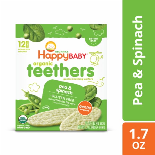 Happy Baby Organic Teethers Gluten Free Gentle Teething Wafers Pea & Spinach Box Perspective: front