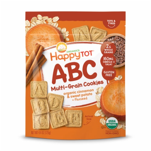 Happy Tot Organics Super Smart Multi-Grain Cinnamon Sweet Potato plus Flaxseed Alphabet Snacks Perspective: front