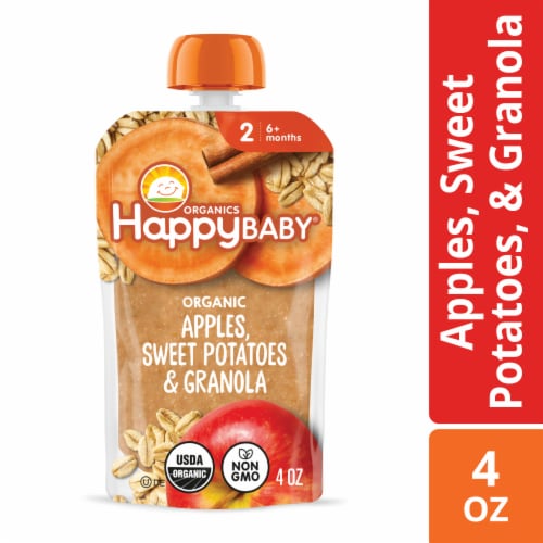 Happy Baby Stage 2 Meals Apples Sweet Potatoes & Granola Pouch Perspective: front