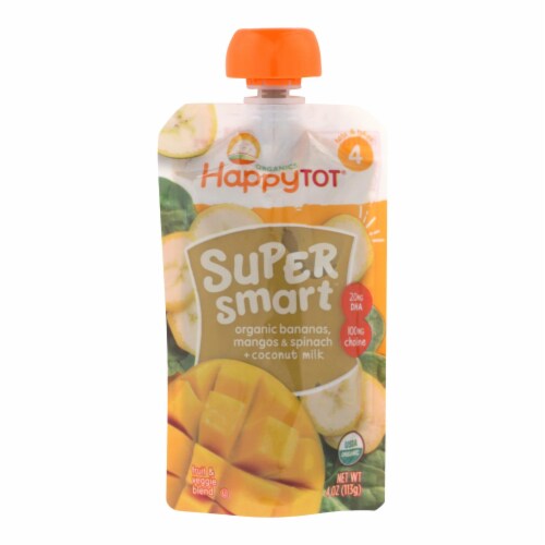 Happy Tot Super Smart Organic Banana Mango & Spinach + Coconut Milk Stage 4 Baby Food Perspective: front