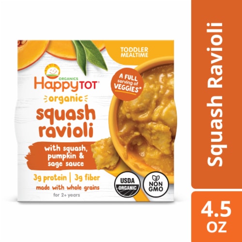 Happy Tot Organic Squash Ravioli with Squash Pumpkin & Sage Sauce Bowl Box Perspective: front