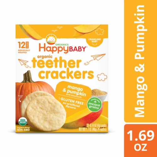 Happy Baby Organic Teether Crackers Gluten Free Mango & Pumpkin with Amaranth Box Perspective: front